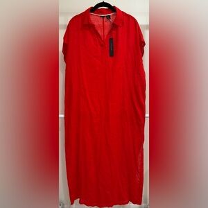 NWT Tahari Red Linen Maxi Tunic Dress w/Collared V-Neck and Pockets